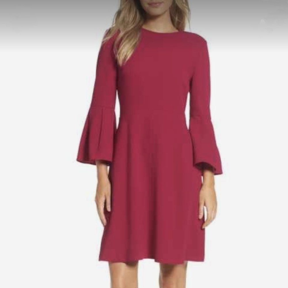 Eliza J Fuscia pink bell sleeve fit and flare dress